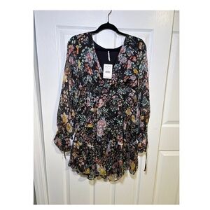 Free People Black Floral Long Sleeve Mini Dress NWT Size S Boho